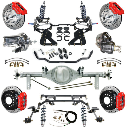 COILOVER & 4-LINK SYSTEM,CURRIE REAR END,WILWOOD 11" DRILLED,RED,62-67 CHEVY II