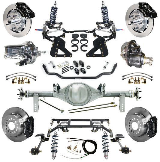 COILOVER & 4-LINK SYSTEM,CURRIE REAR END,WILWOOD 12" BRAKES,BLACK,62-67 CHEVY II