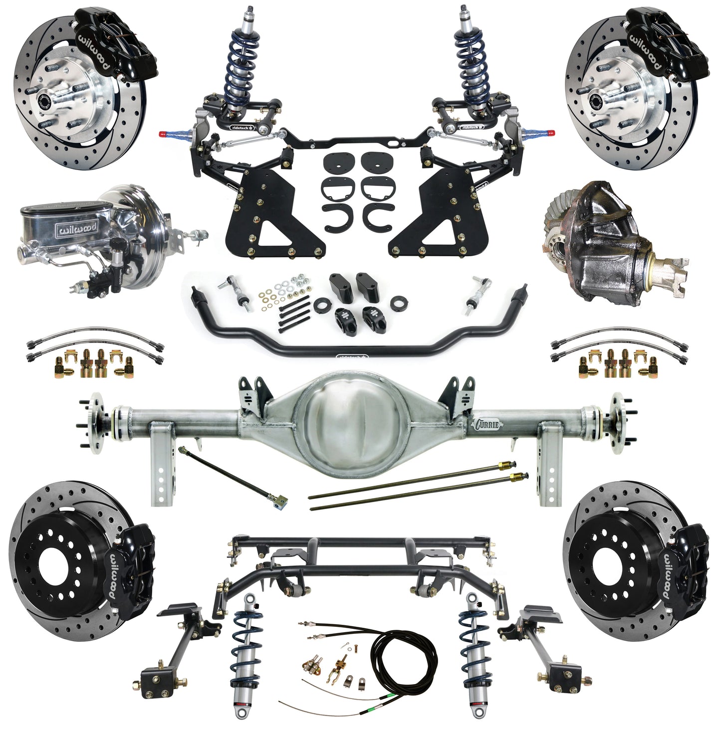 COILOVER & 4-LINK SYSTEM,CURRIE REAR END,WILWOOD 12" DRILL,BLACK,62-67 CHEVY II