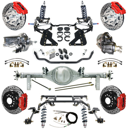 COILOVER & 4-LINK SYSTEM,CURRIE REAR END,WILWOOD 12" DRILLED,RED,62-67 CHEVY II