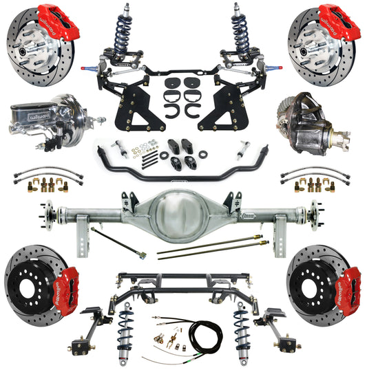 COILOVER & 4-LINK SYSTEM,CURRIE REAR END,WILWOOD 12" DRILLED,RED,62-67 CHEVY II