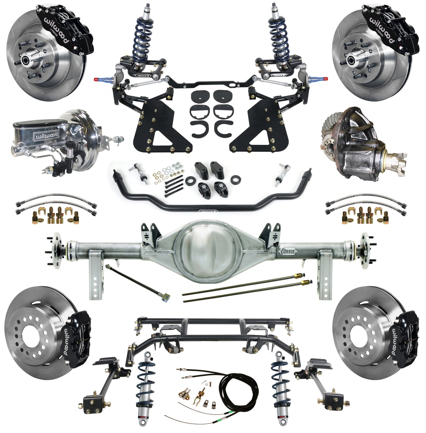 COILOVER & 4-LINK SYSTEM,CURRIE REAR END,WILWOOD 13"/12",BLACK,62-67 CHEVY II