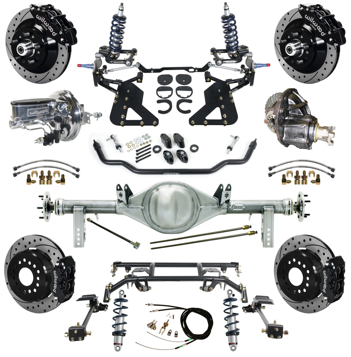 COILOVER & 4-LINK SYSTEM,CURRIE REAR END,WILWOOD 13"/12" DRIL,BLK,62-67 CHEVY II