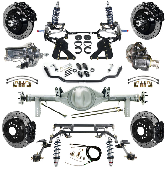 COILOVER & 4-LINK SYSTEM,CURRIE REAR END,WILWOOD 13"/12" DRIL,BLK,62-67 CHEVY II