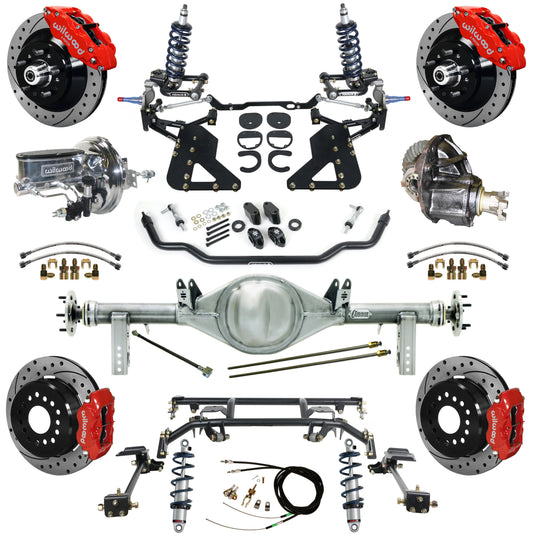 COILOVER & 4-LINK SYSTEM,CURRIE REAR END,WILWOOD 13"/12" DRIL,RED,62-67 CHEVY II