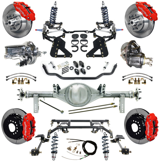 COILOVER & 4-LINK SYSTEM,CURRIE REAR END,WILWOOD 13" BRAKES,RED,62-67 CHEVY II