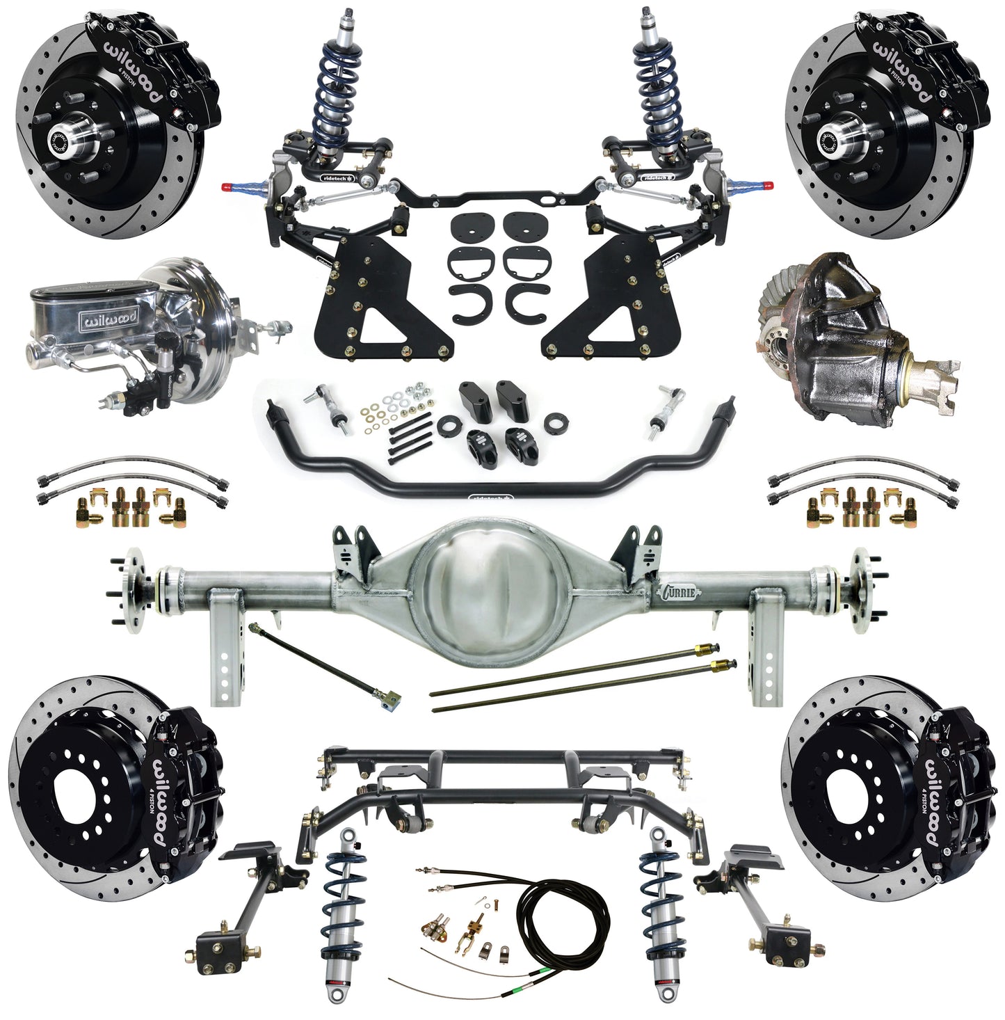 COILOVER & 4-LINK SYSTEM,CURRIE REAR END,WILWOOD 13" DRILL,BLACK,62-67 CHEVY II