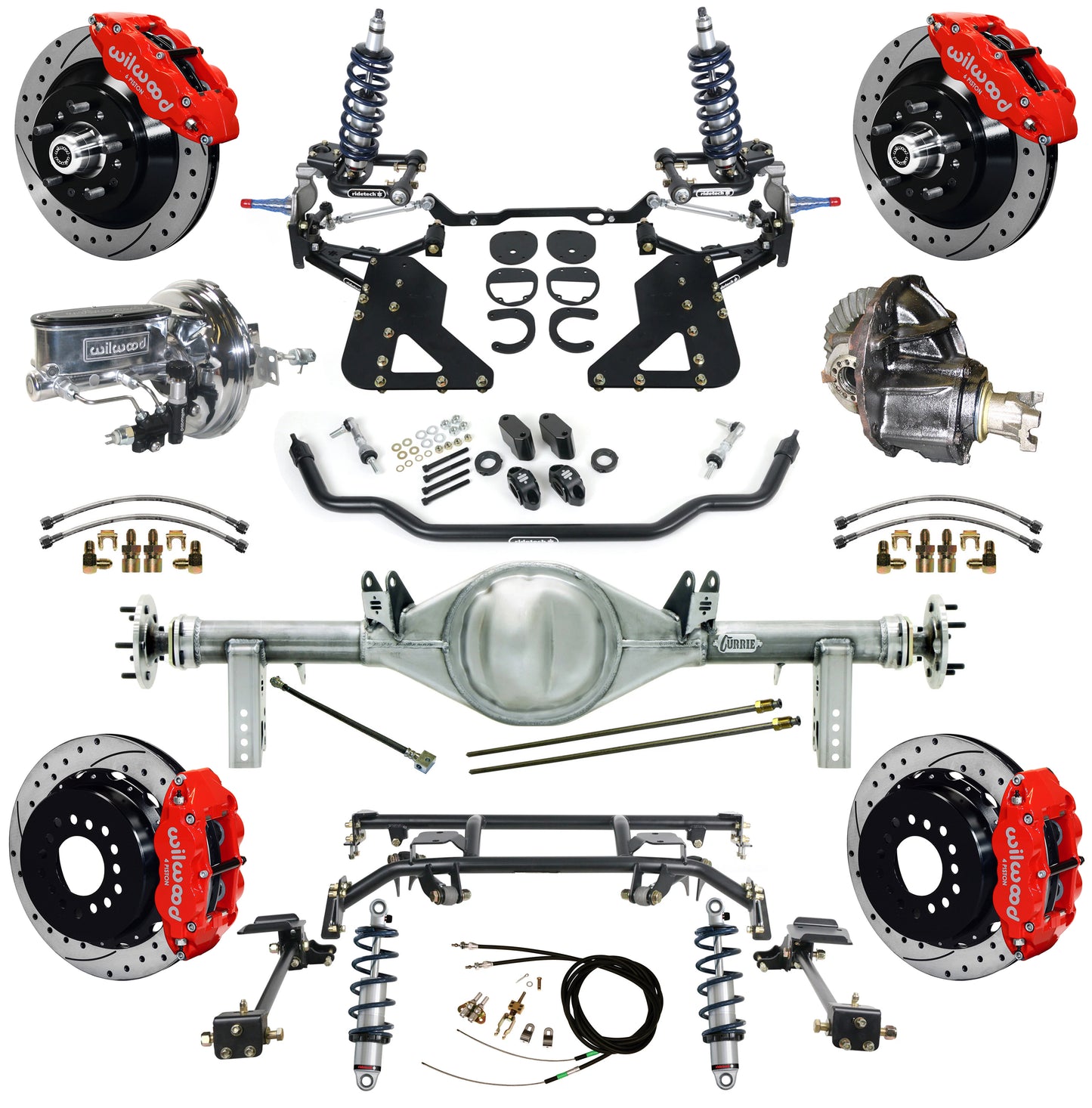 COILOVER & 4-LINK SYSTEM,CURRIE REAR END,WILWOOD 13" DRILLED,RED,62-67 CHEVY II