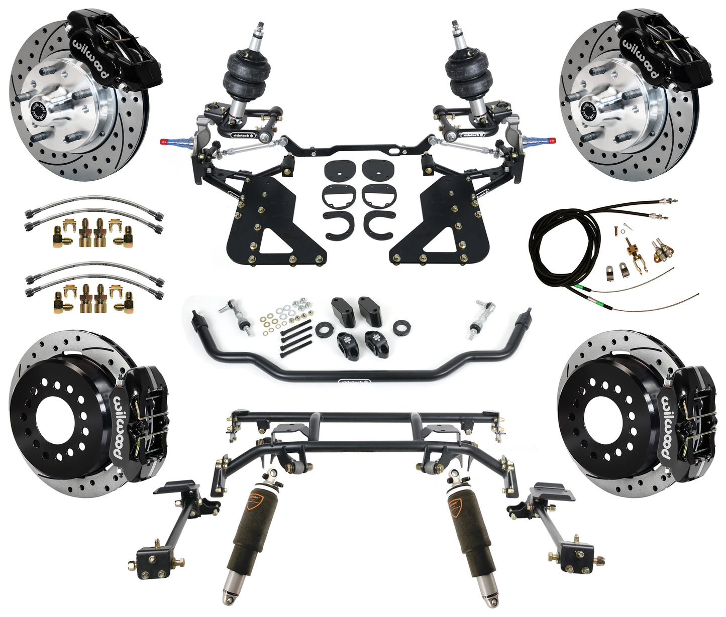 AIR RIDE & 4-LINK SYSTEM,WILWOOD 11" DRILLED BRAKES,BLACK,62-67 CHEVY II