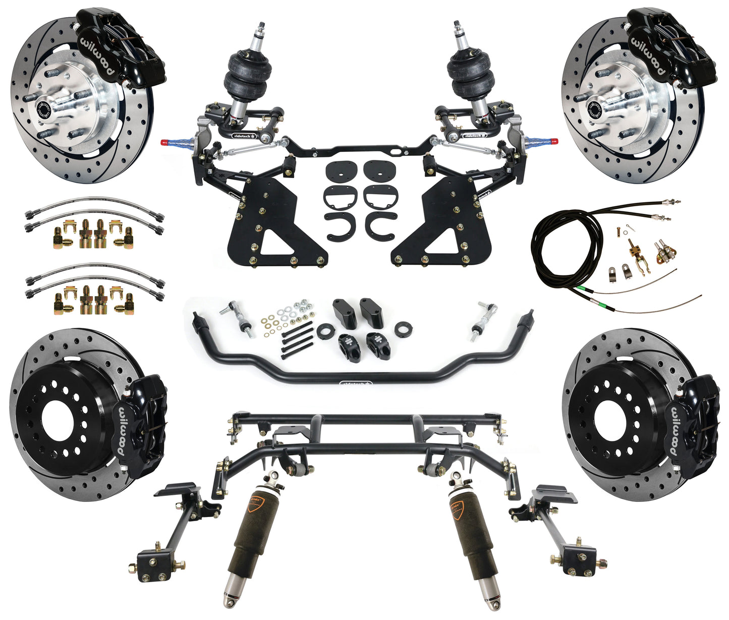 AIR RIDE & 4-LINK SYSTEM,WILWOOD 12" DRILLED BRAKES,BLACK,62-67 CHEVY II