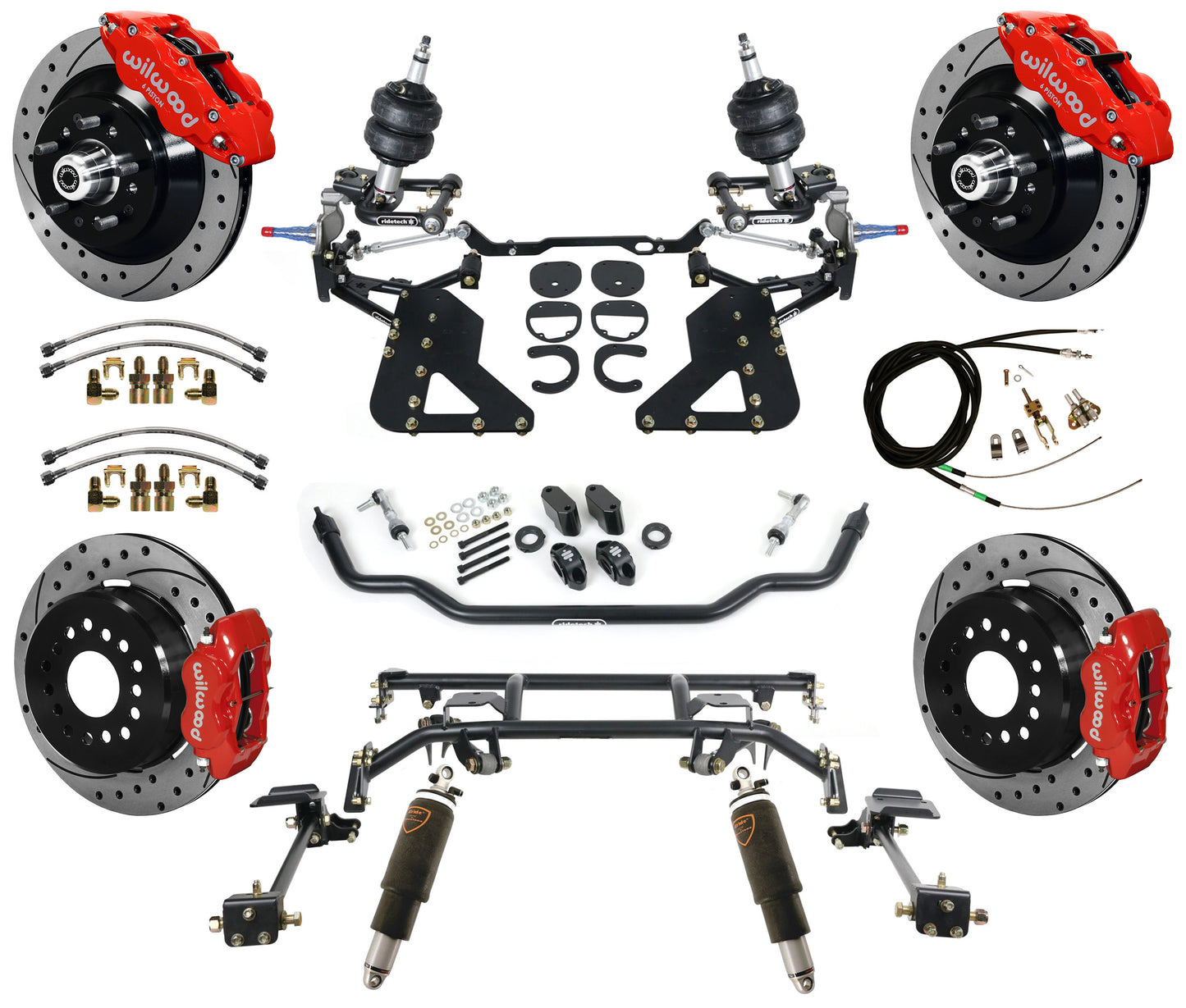 AIR RIDE & 4-LINK SYSTEM,WILWOOD 13"/12" DRILLED BRAKES,RED,62-67 CHEVY II