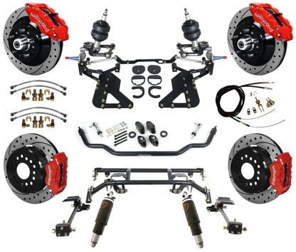 AIR RIDE & 4-LINK SYSTEM,WILWOOD 13"/12" DRILLED BRAKES,RED,62-67 CHEVY II