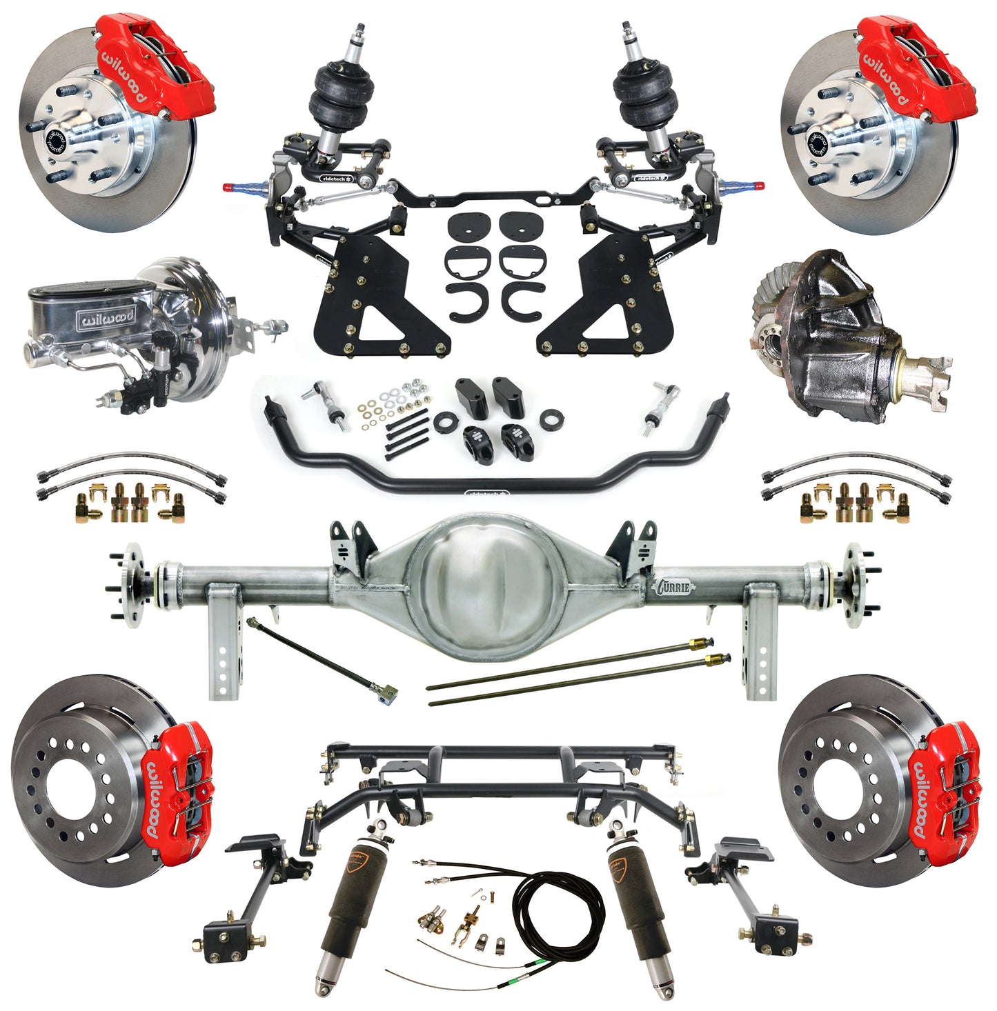 AIR RIDE & 4-LINK SYSTEM,CURRIE REAR END,WILWOOD 11" BRAKES,RED,62-67 CHEVY II