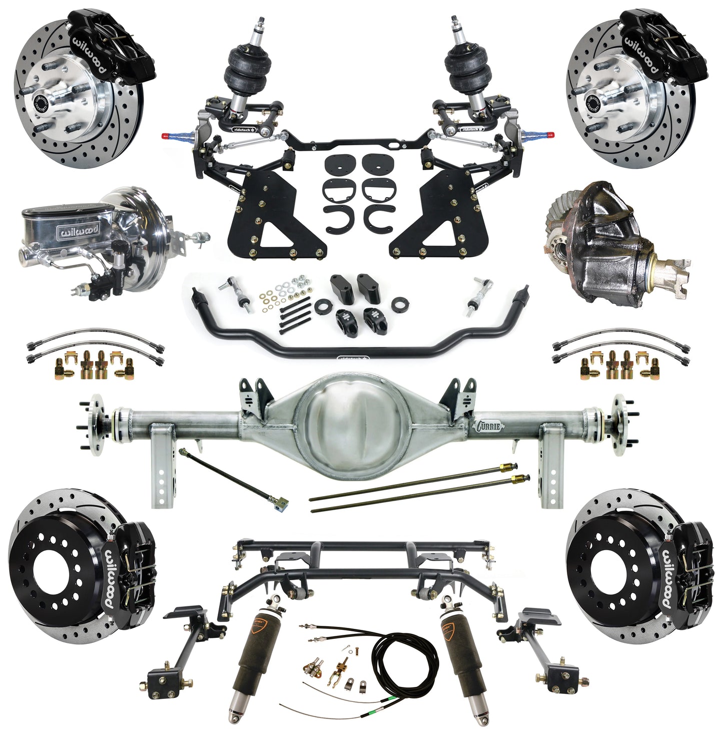 AIR RIDE & 4-LINK SYSTEM,CURRIE REAR END,WILWOOD 11" DRILL,BLACK,62-67 CHEVY II
