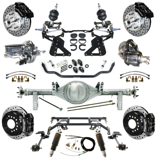 AIR RIDE & 4-LINK SYSTEM,CURRIE REAR END,WILWOOD 11" DRILL,BLACK,62-67 CHEVY II