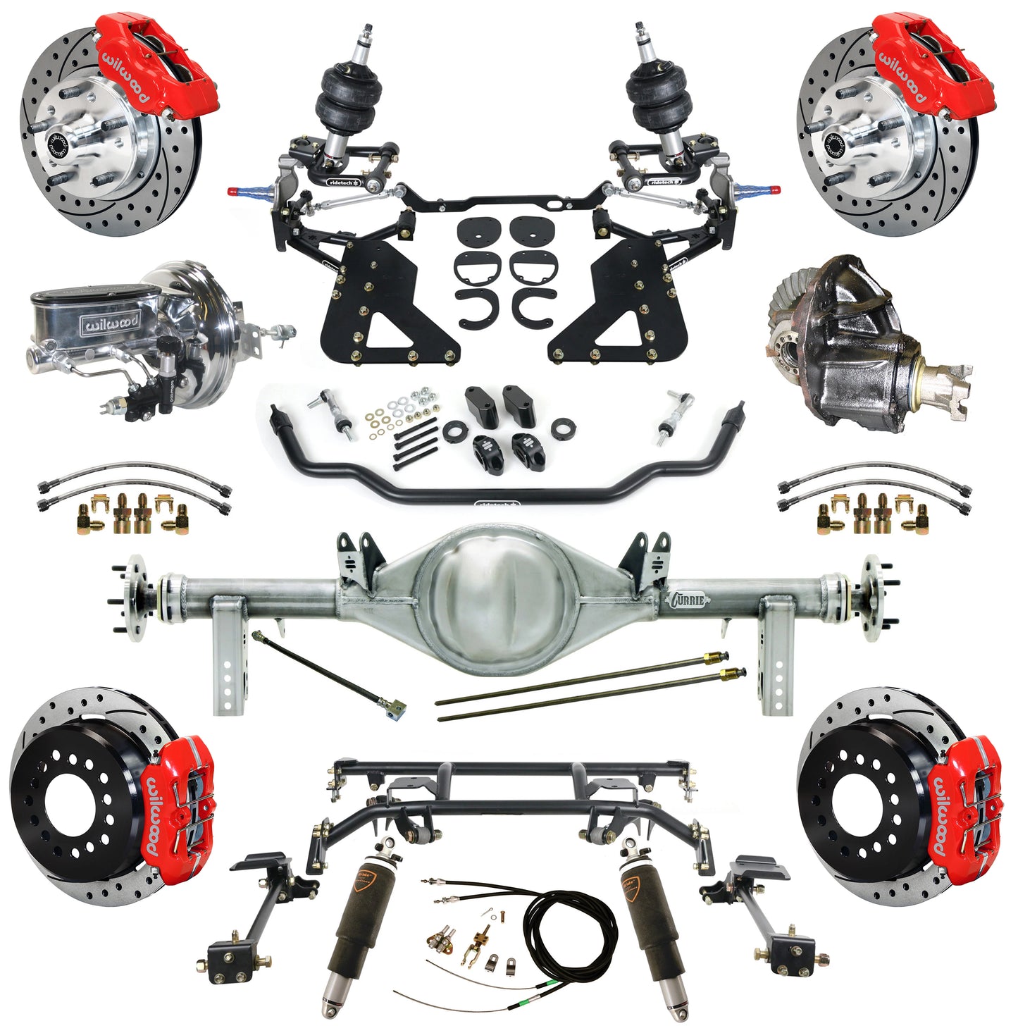 AIR RIDE & 4-LINK SYSTEM,CURRIE REAR END,WILWOOD 11" DRILLED,RED,62-67 CHEVY II