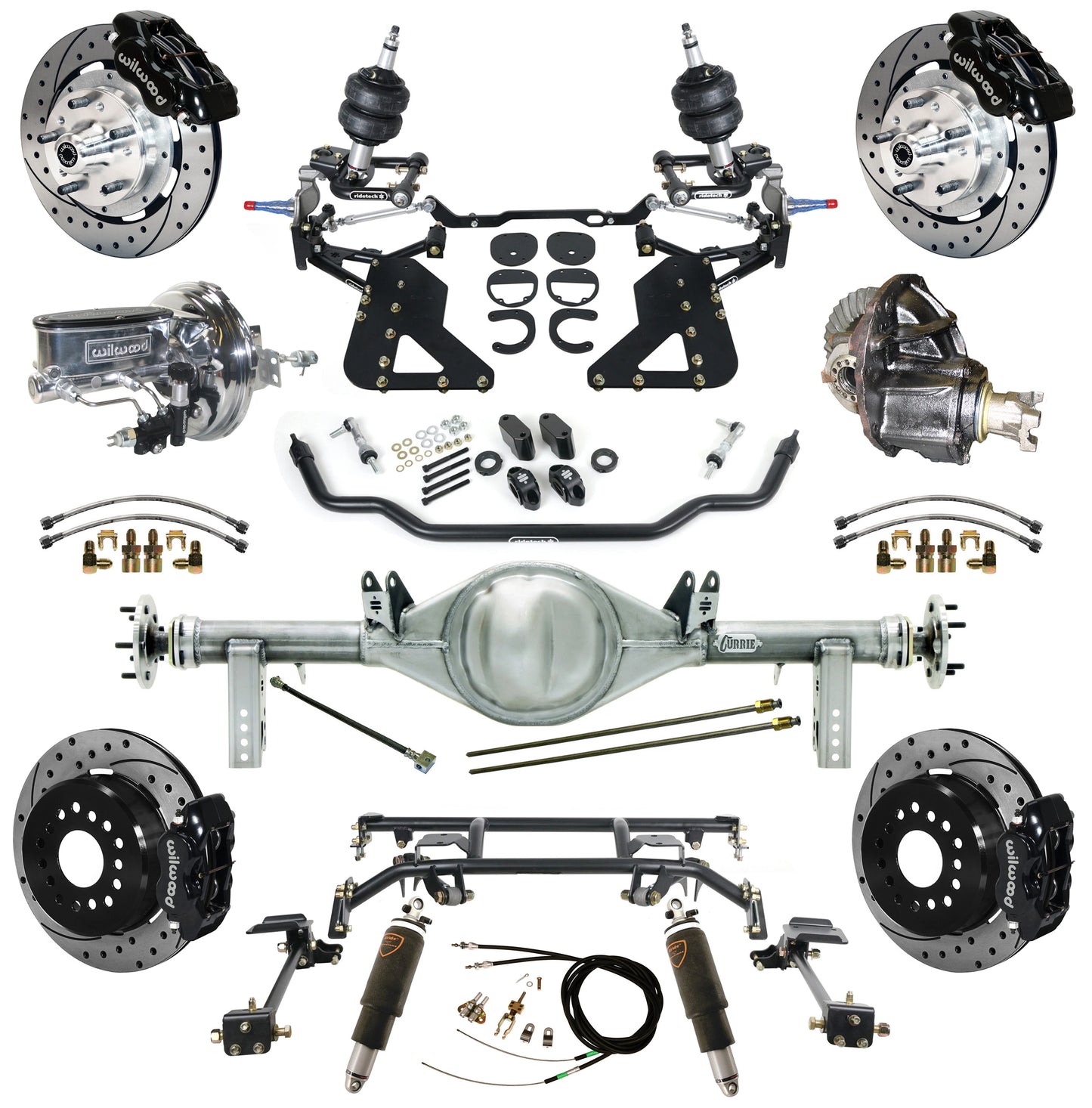 AIR RIDE & 4-LINK SYSTEM,CURRIE REAR END,WILWOOD 12" DRILL,BLACK,62-67 CHEVY II