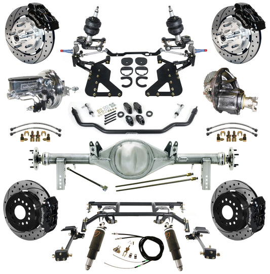 AIR RIDE & 4-LINK SYSTEM,CURRIE REAR END,WILWOOD 12" DRILL,BLACK,62-67 CHEVY II