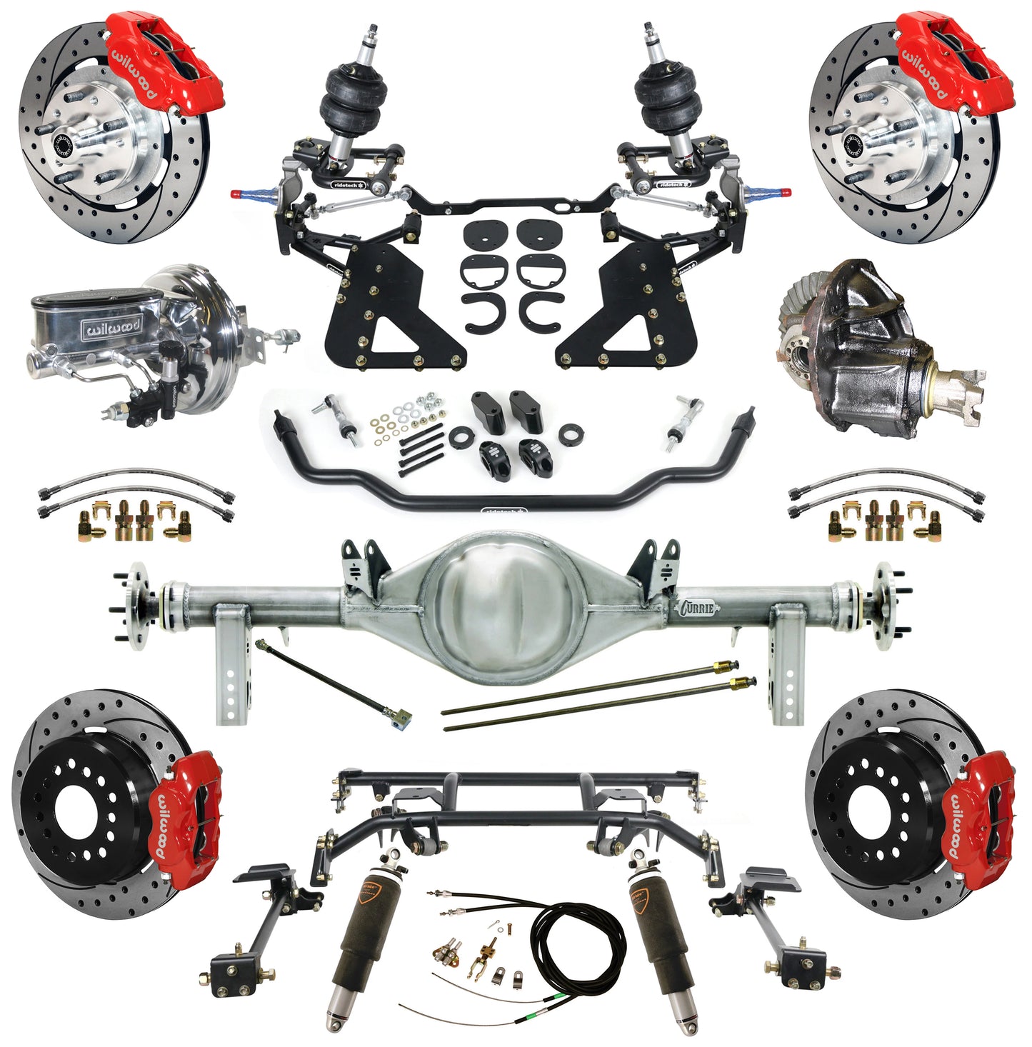 AIR RIDE & 4-LINK SYSTEM,CURRIE REAR END,WILWOOD 12" DRILLED,RED,62-67 CHEVY II