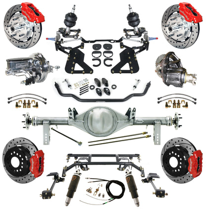 AIR RIDE & 4-LINK SYSTEM,CURRIE REAR END,WILWOOD 12" DRILLED,RED,62-67 CHEVY II