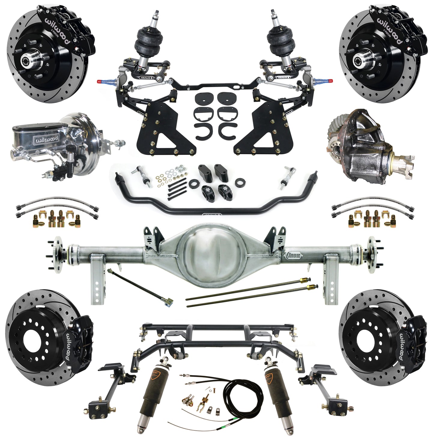 AIR RIDE & 4-LINK SYSTEM,CURRIE REAR END,WILWOOD 13"/12" DRIL,BLK,62-67 CHEVY II