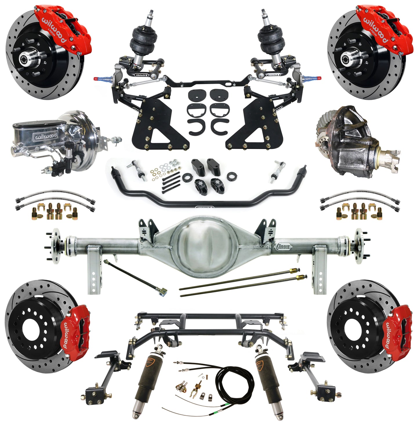 AIR RIDE & 4-LINK SYSTEM,CURRIE REAR END,WILWOOD 13"/12" DRIL,RED,62-67 CHEVY II