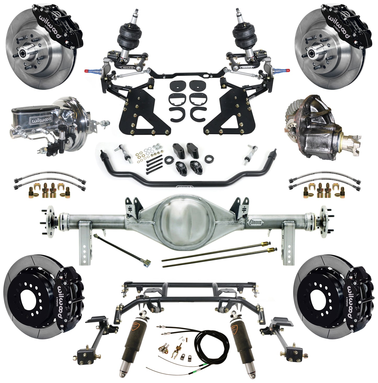 AIR RIDE & 4-LINK SYSTEM,CURRIE REAR END,WILWOOD 13" BRAKES,BLACK,62-67 CHEVY II