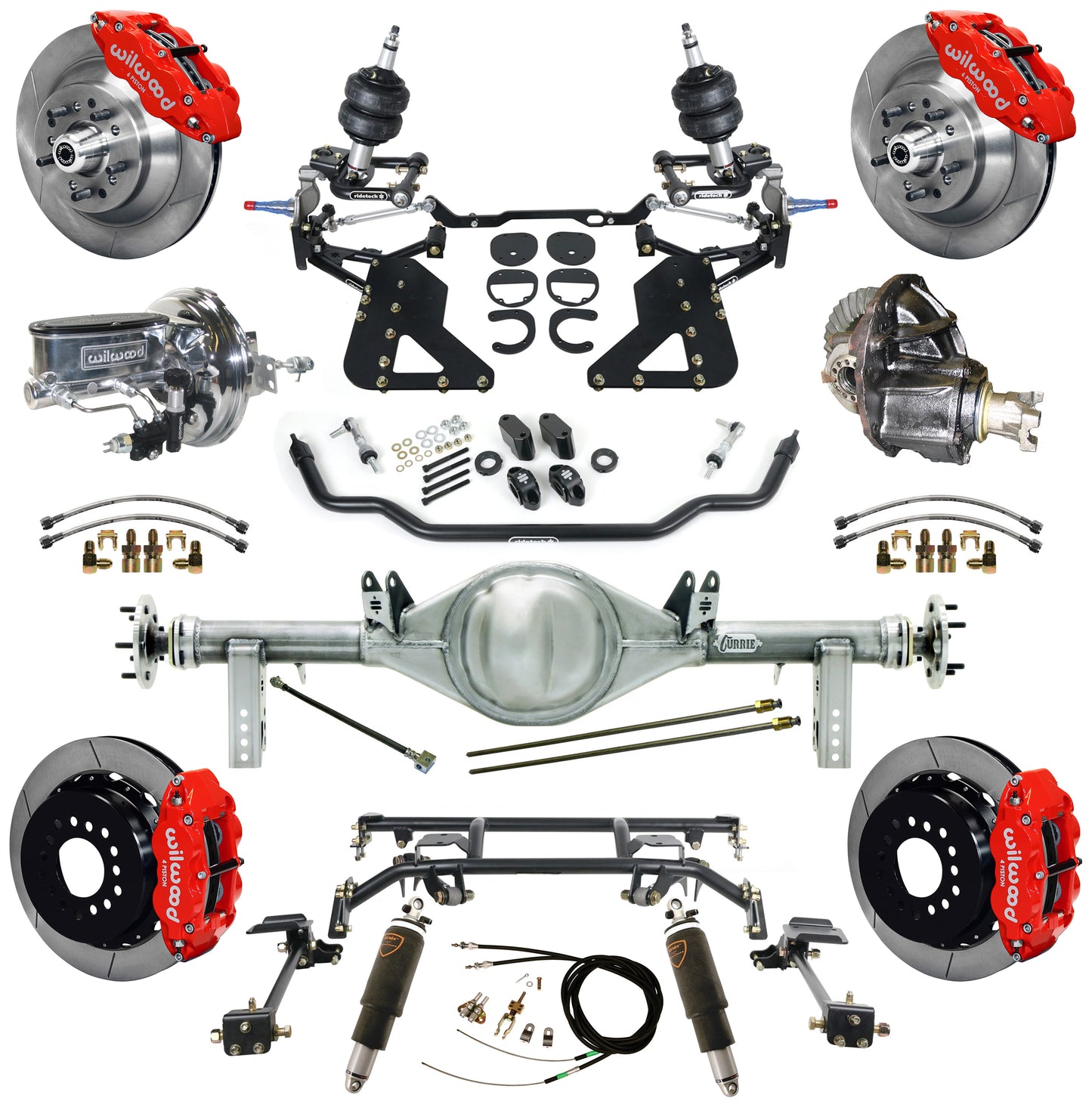 AIR RIDE & 4-LINK SYSTEM,CURRIE REAR END,WILWOOD 13" BRAKES,RED,62-67 CHEVY II