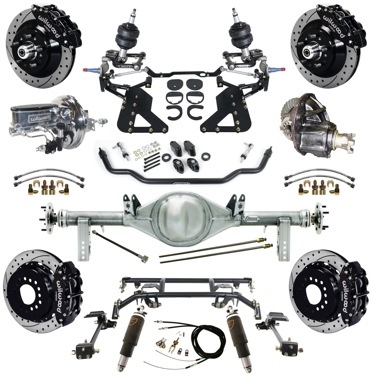 AIR RIDE & 4-LINK SYSTEM,CURRIE REAR END,WILWOOD 13" DRILL,BLACK,62-67 CHEVY II