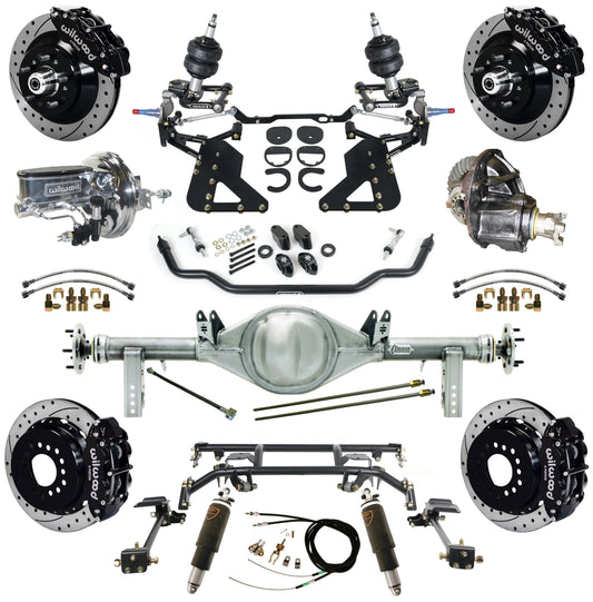 AIR RIDE & 4-LINK SYSTEM,CURRIE REAR END,WILWOOD 13" DRILL,BLACK,62-67 CHEVY II