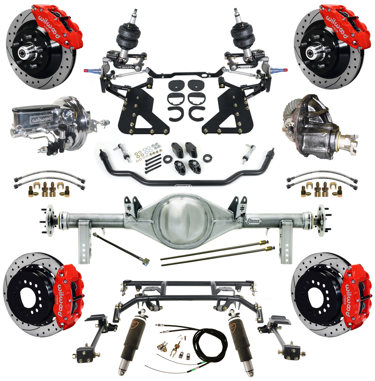 AIR RIDE & 4-LINK SYSTEM,CURRIE REAR END,WILWOOD 13" DRILLED,RED,62-67 CHEVY II