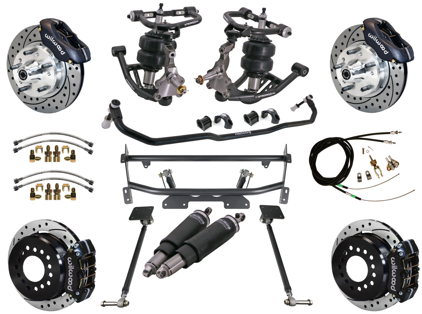 AIR RIDE & 4-LINK SYSTEM,WILWOOD 11" DRILLED BRAKES,BLACK CALIPERS,68-74 NOVA