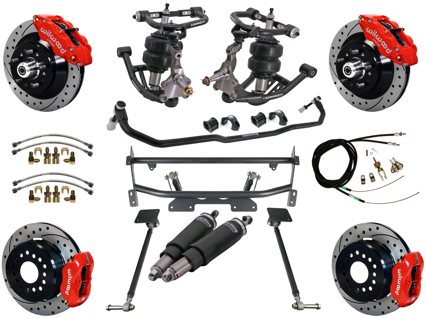 AIR RIDE & 4-LINK SYSTEM,WILWOOD 13"/12" DRILLED BRAKES,RED CALIPERS,68-74 NOVA