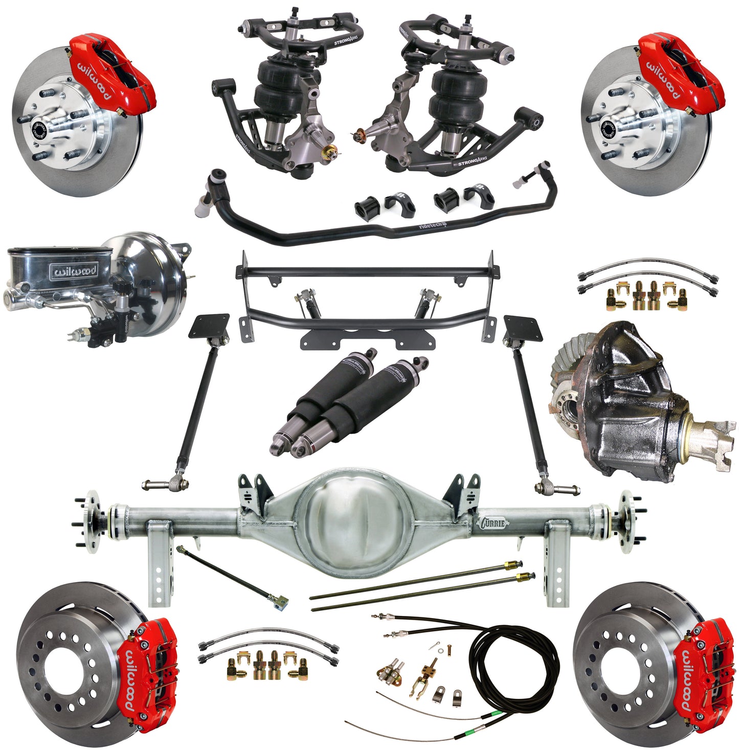 AIR RIDE & 4-LINK SYSTEM,CURRIE REAR END,WILWOOD 11" BRAKES,RED,68-74 NOVA