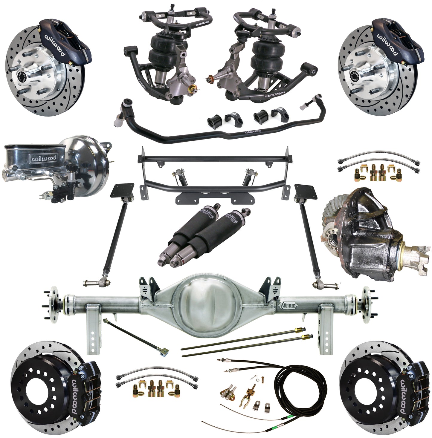 AIR RIDE & 4-LINK SYSTEM,CURRIE REAR END,WILWOOD 11" DRILLED,BLACK,68-74 NOVA