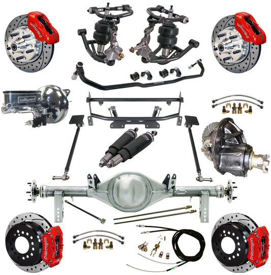 AIR RIDE & 4-LINK SYSTEM,CURRIE REAR END,WILWOOD 11" DRILLED,RED,68-74 NOVA
