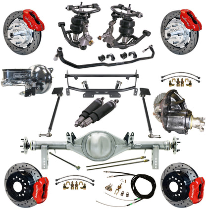 AIR RIDE & 4-LINK SYSTEM,CURRIE REAR END,WILWOOD 12" DRILLED,RED,68-74 NOVA