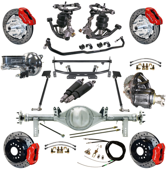 AIR RIDE & 4-LINK SYSTEM,CURRIE REAR END,WILWOOD 12" DRILLED,RED,68-74 NOVA