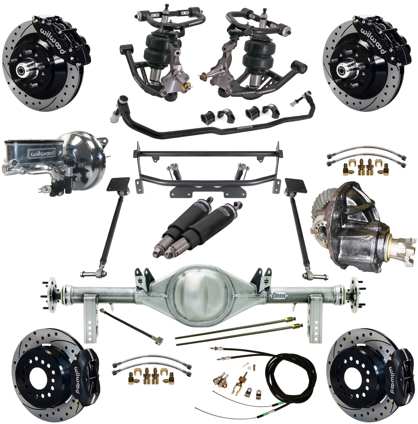 AIR RIDE & 4-LINK SYSTEM,CURRIE REAR END,WILWOOD 13"/12" DRILL,BLACK,68-74 NOVA