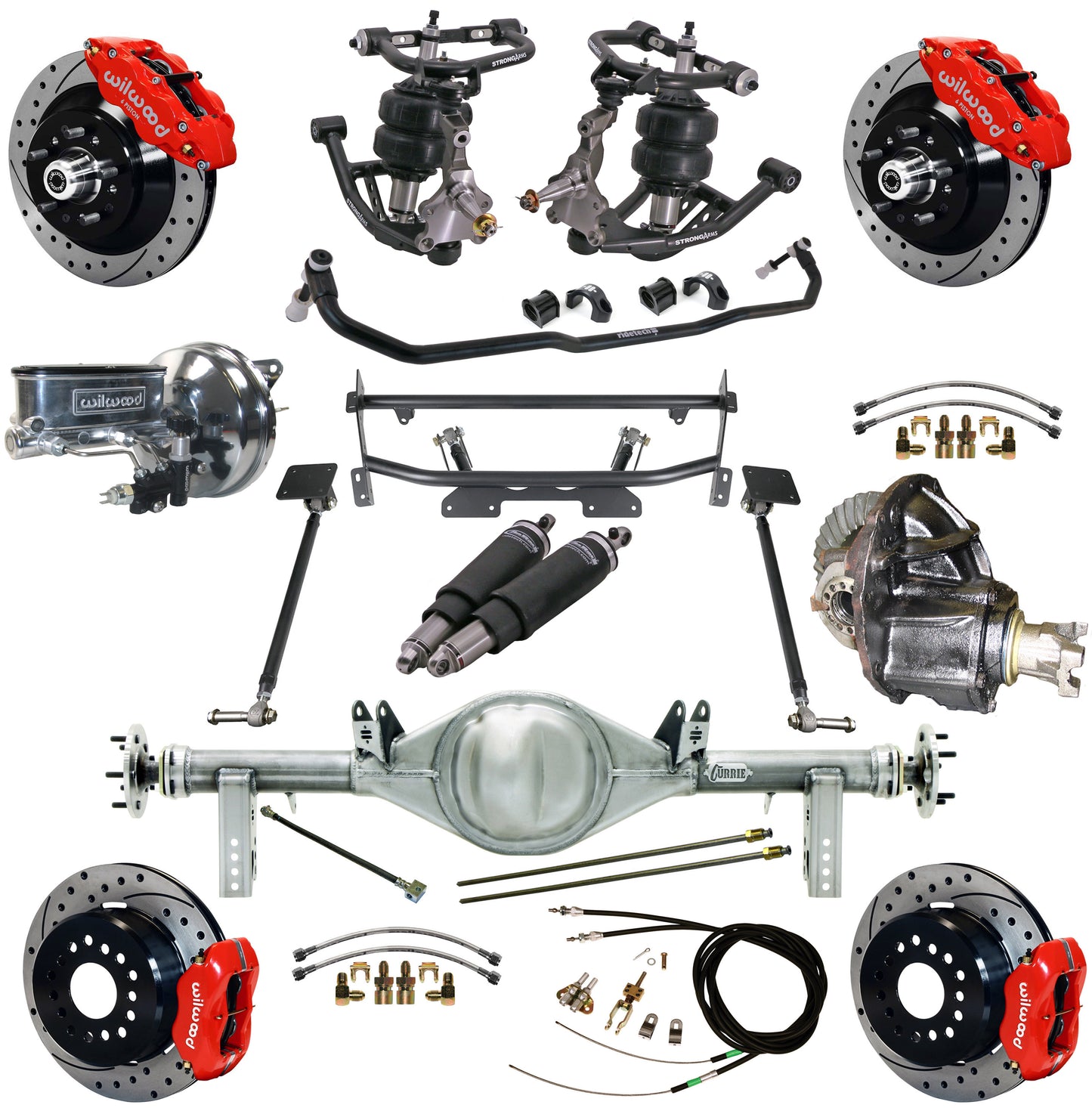 AIR RIDE & 4-LINK SYSTEM,CURRIE REAR END,WILWOOD 13"/12" DRILLED,RED,68-74 NOVA
