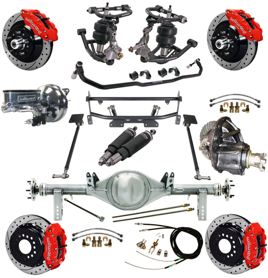AIR RIDE & 4-LINK SYSTEM,CURRIE REAR END,WILWOOD 13" DRILLED,RED,68-74 NOVA