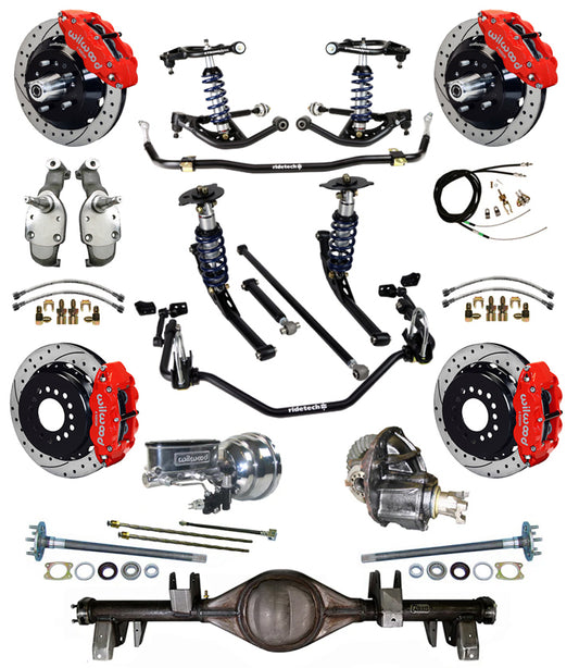 COILOVER SYSTEM,CURRIE REAR END,WILWOOD 13" DRILL,RED,65-66 IMPALA,B-BODY