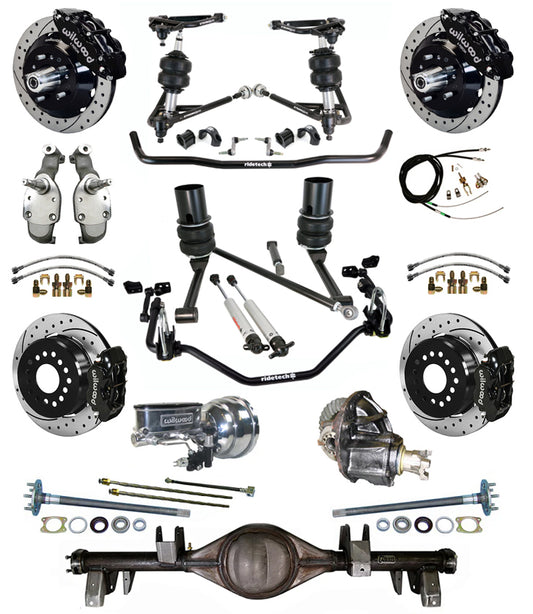 AIR RIDE SYSTEM,CURRIE REAR END,WILWOOD 13/12" DRILL,BLACK,65-66 IMPALA,B-BODY