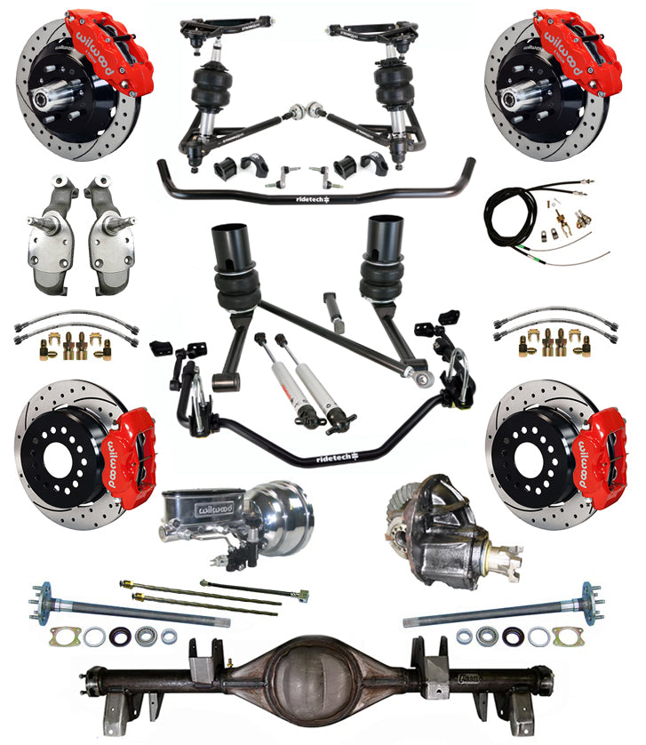 AIR RIDE SYSTEM,CURRIE REAR END,WILWOOD 13/12" DRILL,RED,65-66 IMPALA,B-BODY