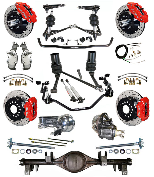 AIR RIDE SYSTEM,CURRIE REAR END,WILWOOD 13/12" DRILL,RED,65-66 IMPALA,B-BODY