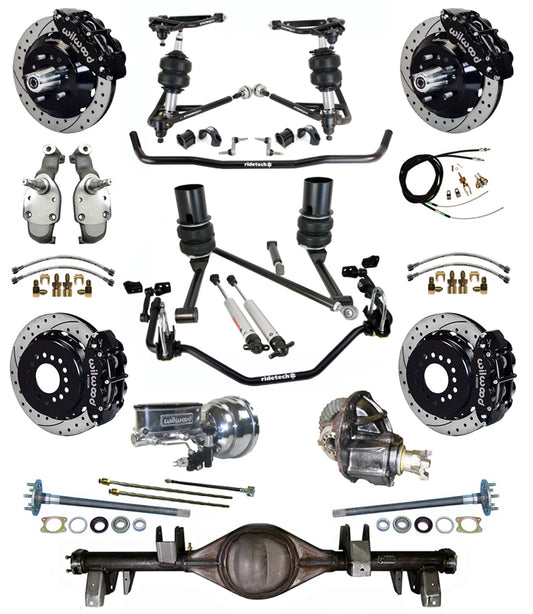 AIR RIDE SYSTEM,CURRIE REAR END,WILWOOD 13" DRILL,BLACK,65-66 IMPALA,B-BODY