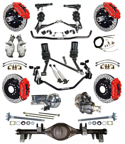 AIR RIDE SYSTEM,CURRIE REAR END,WILWOOD 13" DRILL,RED,65-66 IMPALA,B-BODY