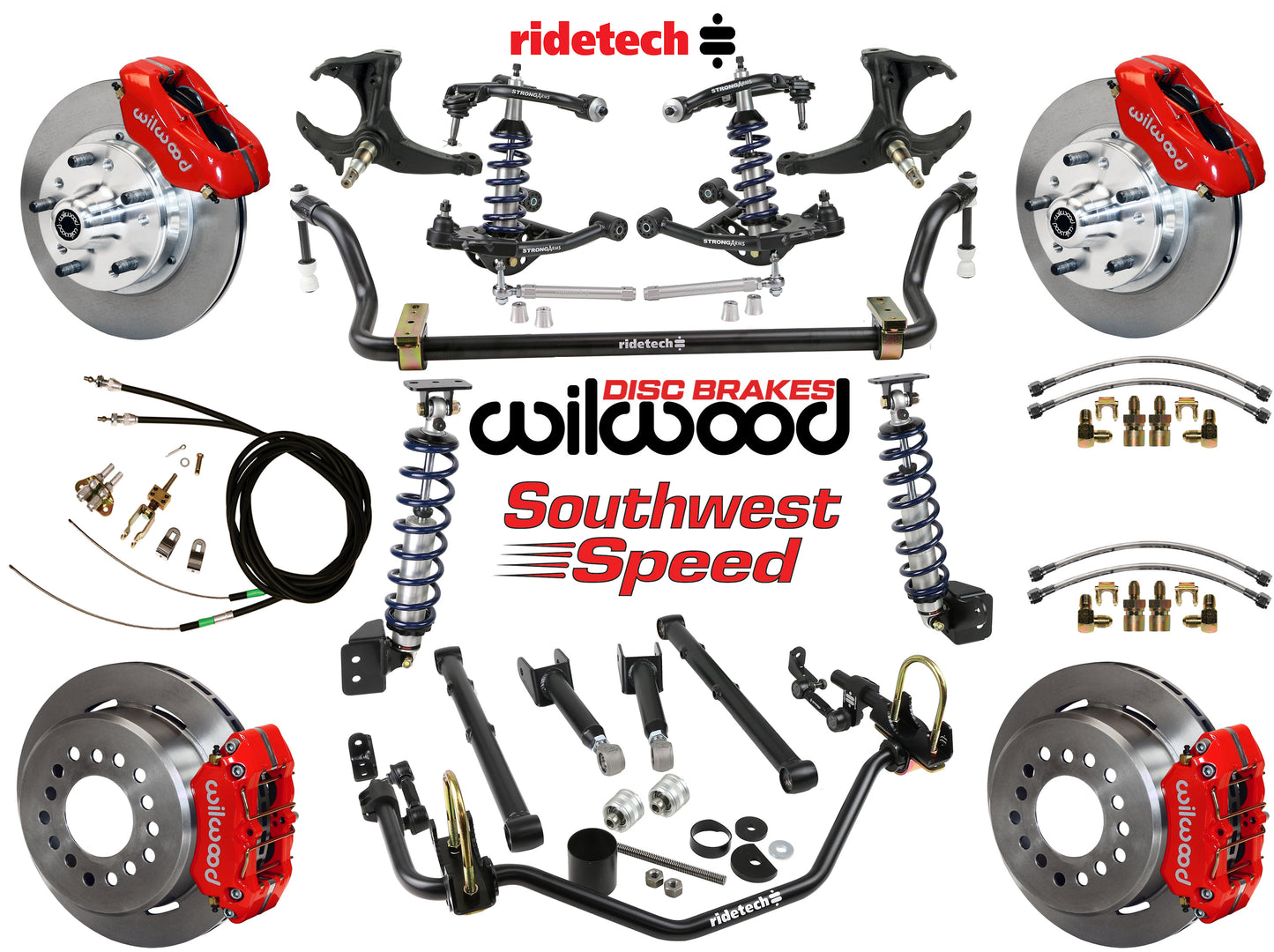 COILOVER SYSTEM,ARMS,BARS,WILWOOD 11" BRAKES,RED CALIPERS,78-88 GM G-BODY