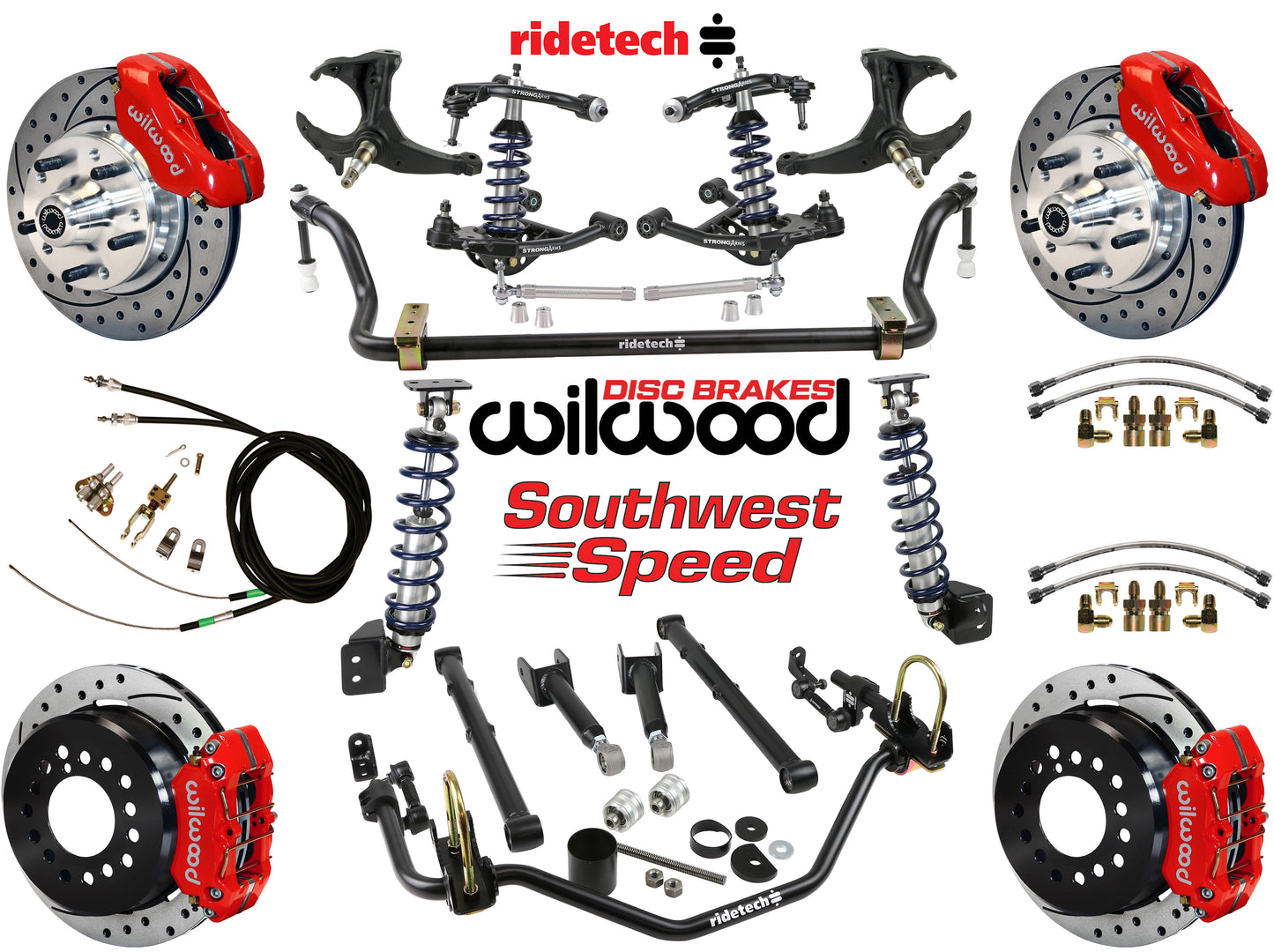 COILOVER SYSTEM,ARMS,BARS,WILWOOD 11" DRLD BRAKES,RED CALIPERS,78-88 GM G-BODY