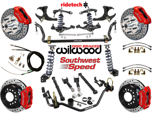 COILOVER SYSTEM,ARMS,BARS,WILWOOD 11" DRLD BRAKES,RED CALIPERS,78-88 GM G-BODY